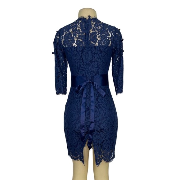 Multiflora Lace Dress With Satin Bow Accents On Sleeves Sheer Back Sz S - Picture 3 of 9